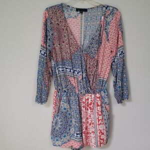 Sanctuary Boho Long Sleeve Elastic Waist Romper Red White Blue Patchwork